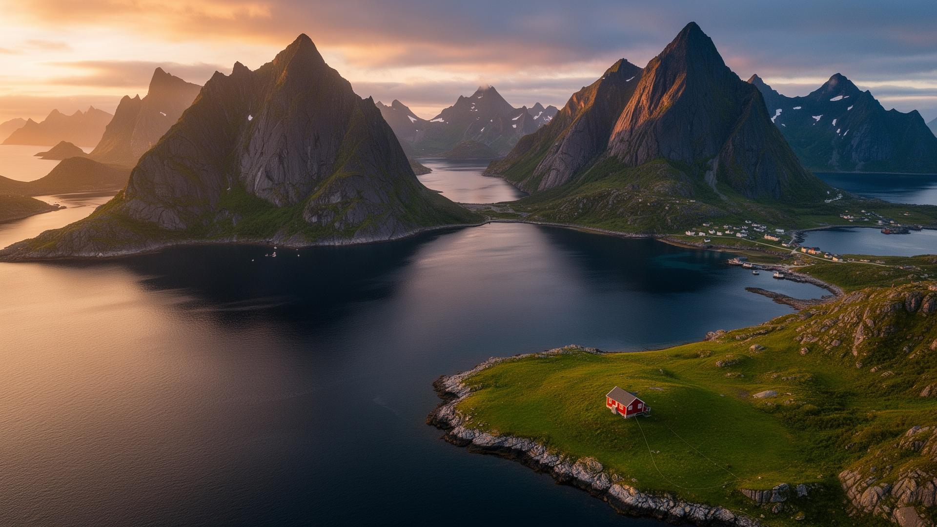 Aerial view of the Lofoten Islands in Norway glowing under a golden midnight-sun sky